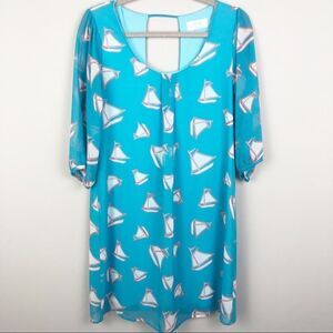 PEACH LOVE | Sailboat Turquoise Long Sleeve Keyhole Dress Women’s Size Small